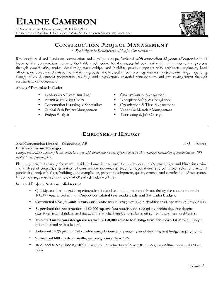 Sample Resume Project Manager Construction