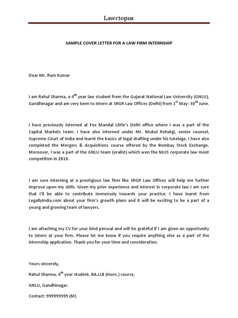 Law Associate Cover Letter Sample