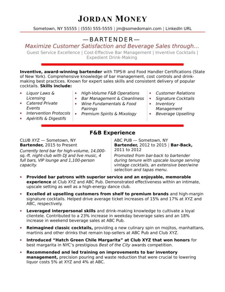 How To Write A Bartender Resume