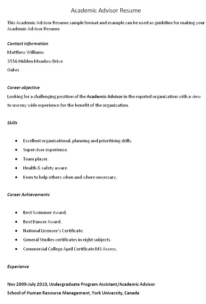 Academic Advising Objective For Resume