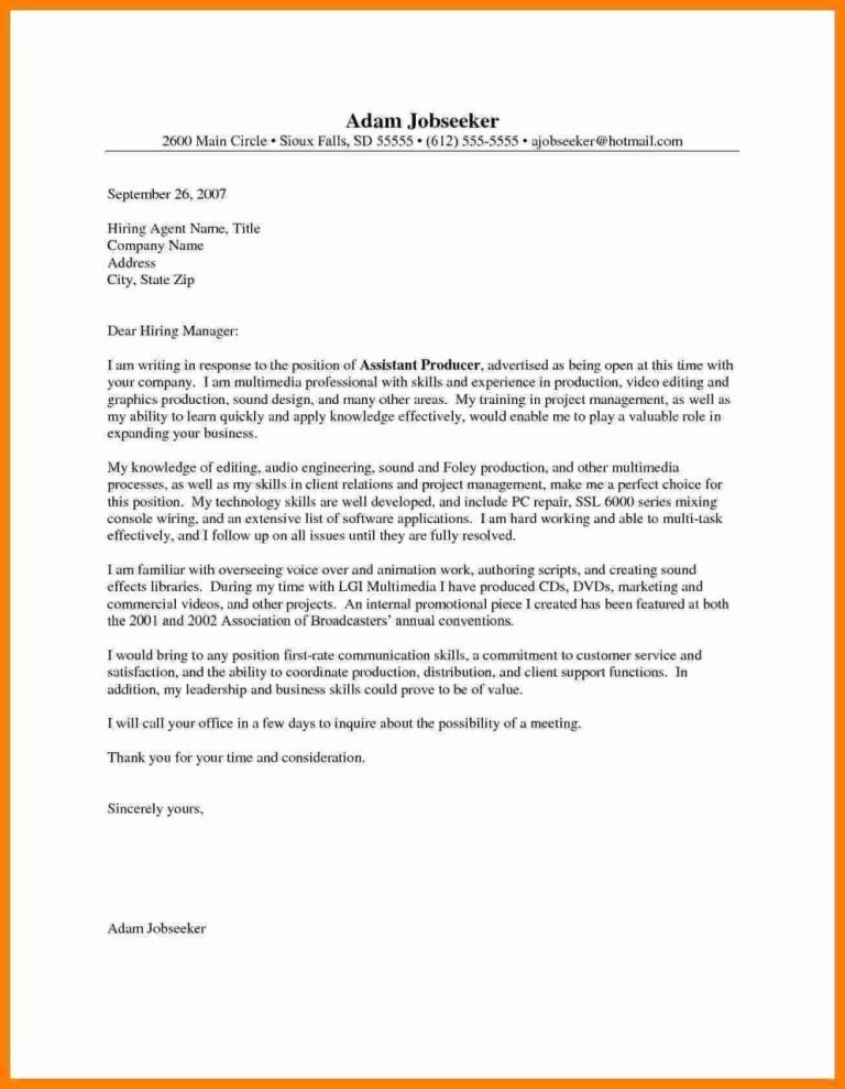 Video Production Cover Letter Sample