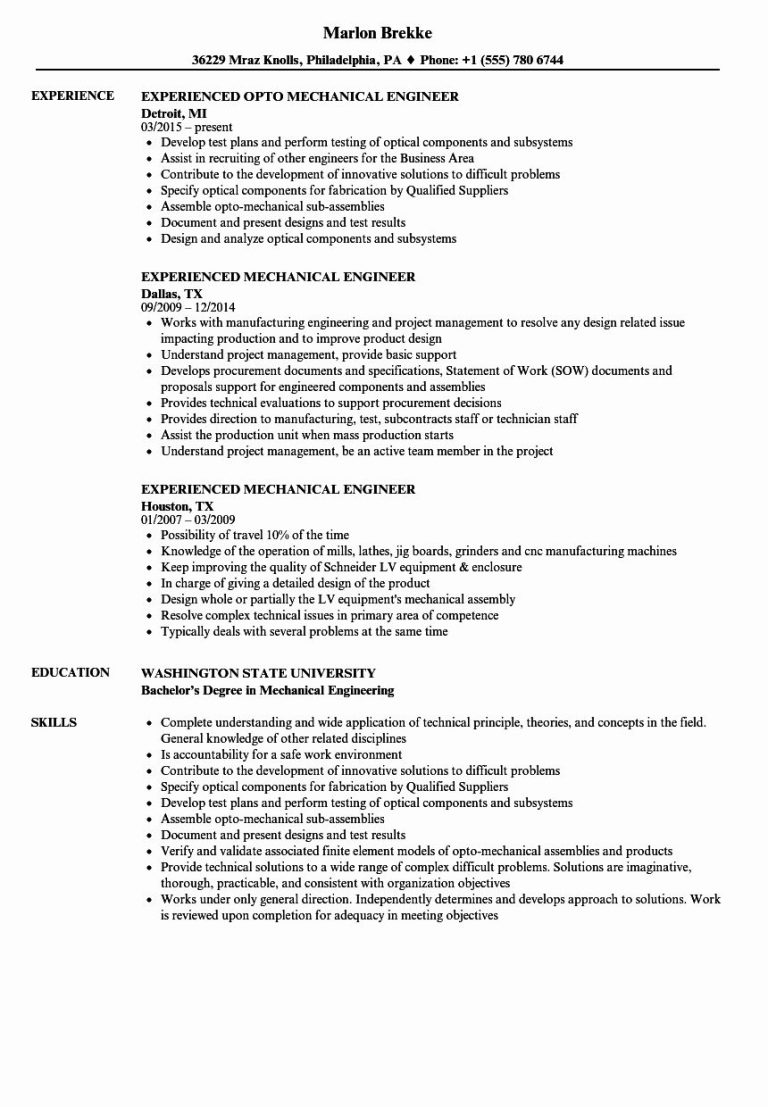 Mechanical Engineering Resume Example