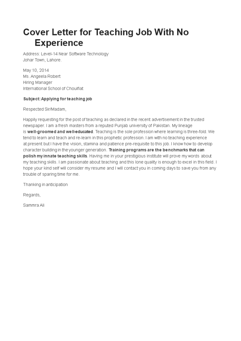 Teacher Assistant Cover Letter No Experience