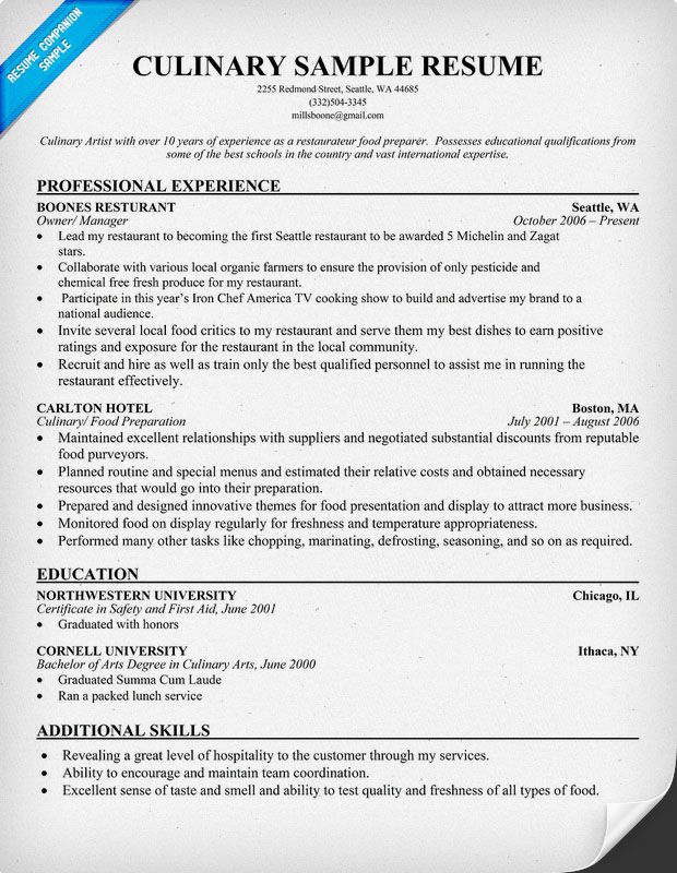Resume Examples For Culinary Jobs