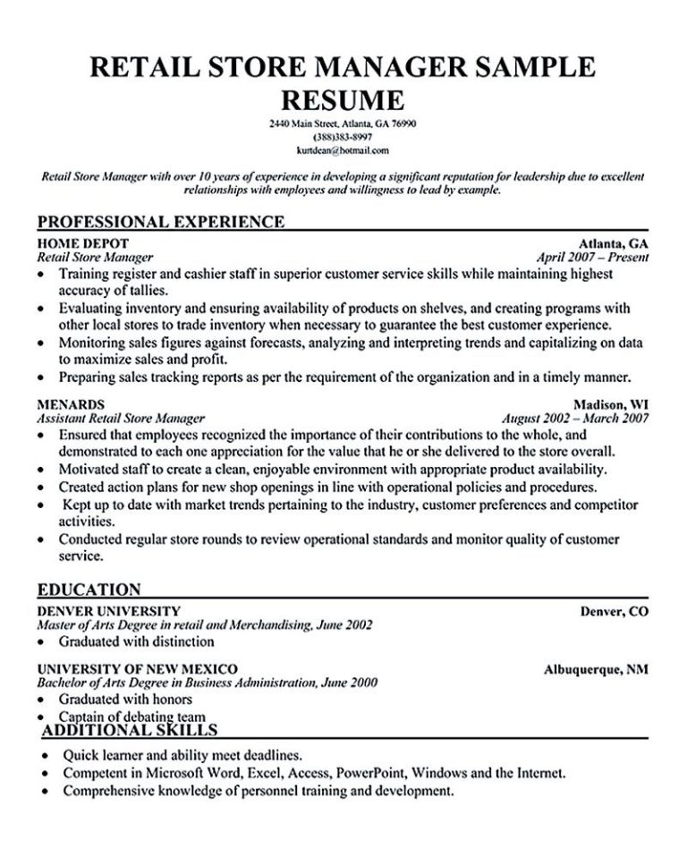 Deputy Store Manager Cv Example