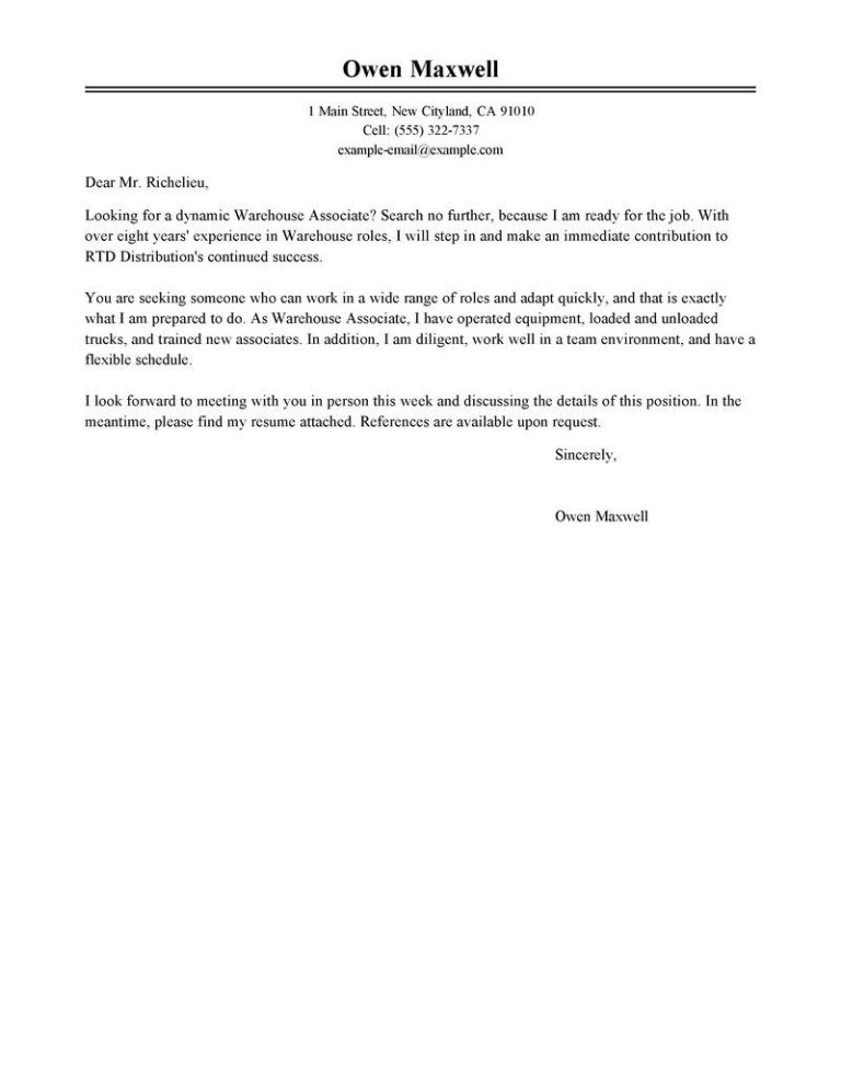 Warehouse Job Cover Letter Examples