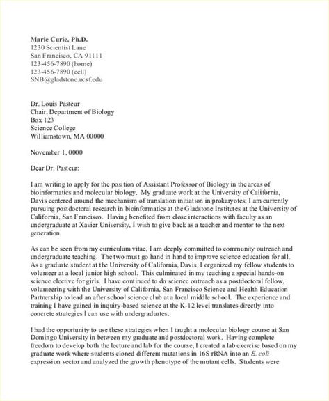 Sample Cover Letter For Postdoc Position In Biology