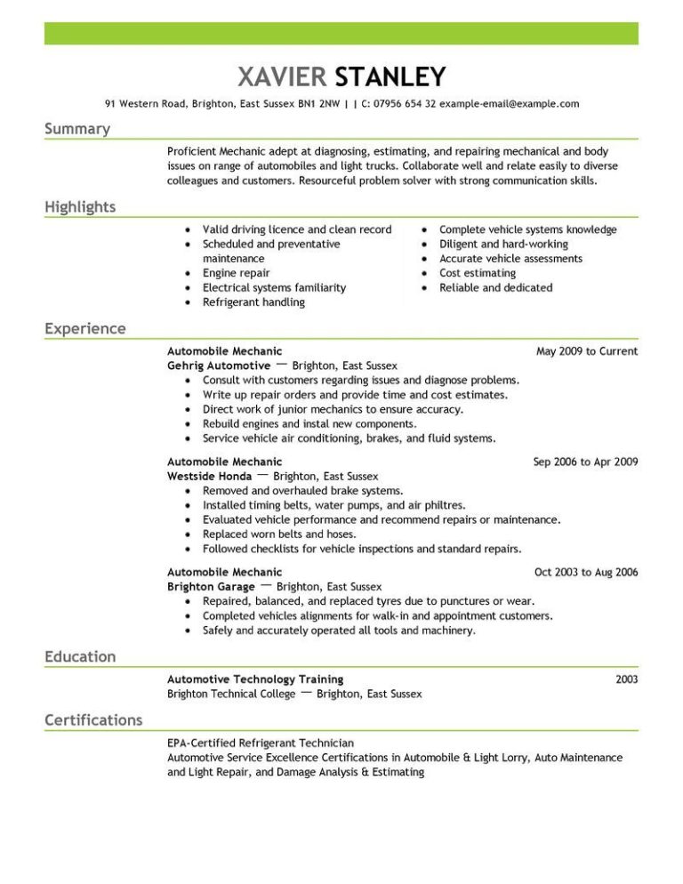 Automotive Technician Resume Template