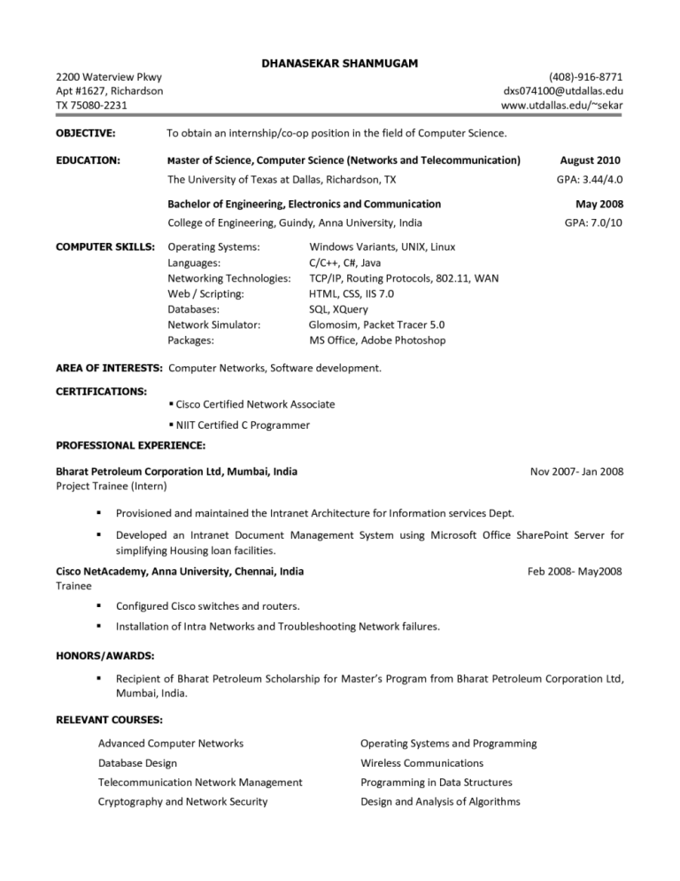 Resume Template For Internship Free Download