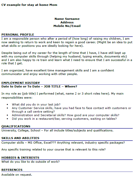 Resume Examples For Stay At Home Mom Going Back To Work