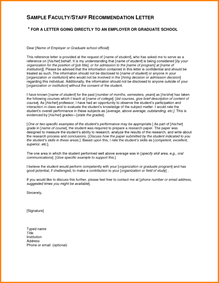 Students Letter Of Recommendation Template