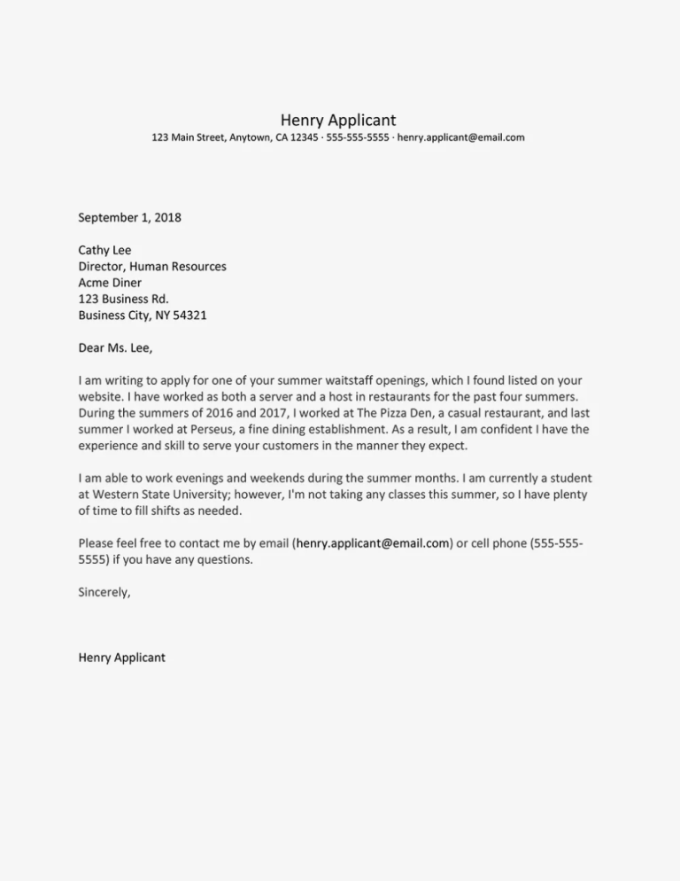 Sample Cover Letter For Student Summer Job