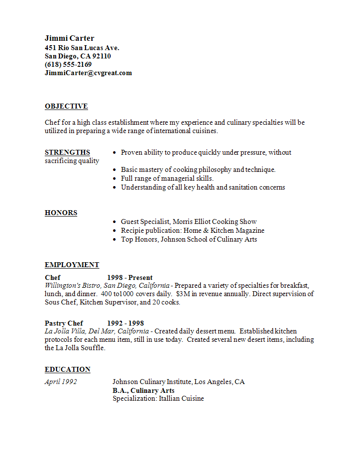 Resume Examples For Chef Job