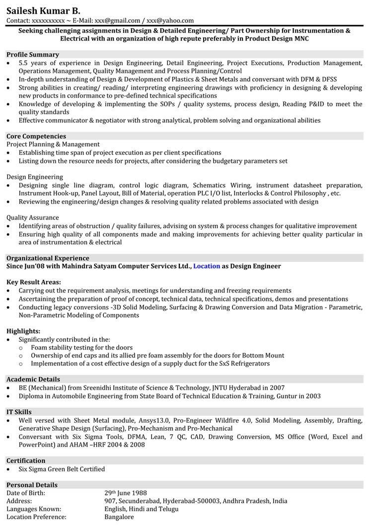 Resume Format For Experienced Mechanical Engineer India