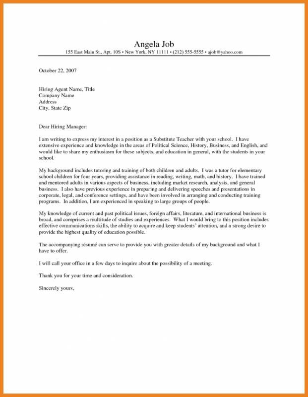 Substitute Teacher Cover Letter No Experience Sample