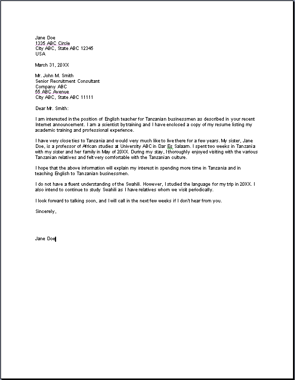 Sample Letter For Job Application For Teacher