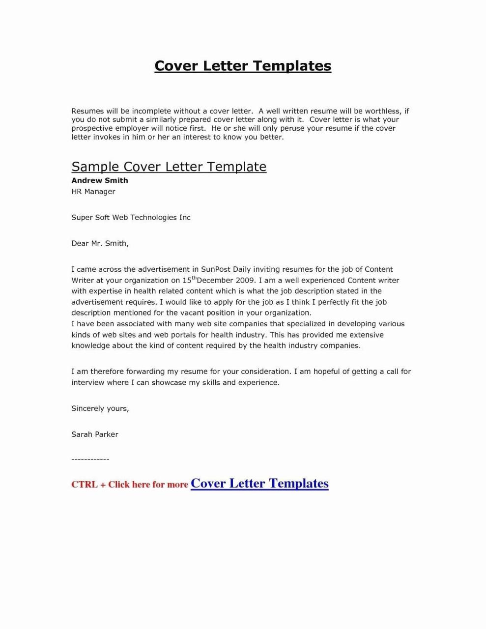 Work Application Cover Letter Sample