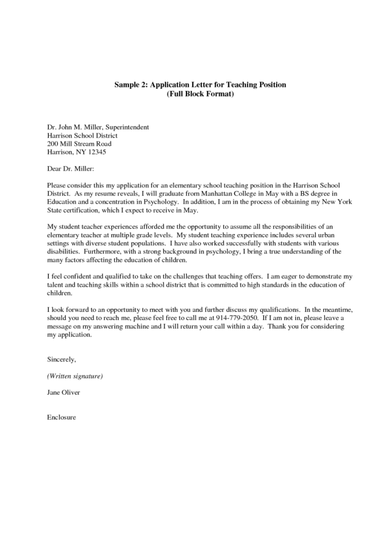 Sample Of Application Letter For A Teaching Position