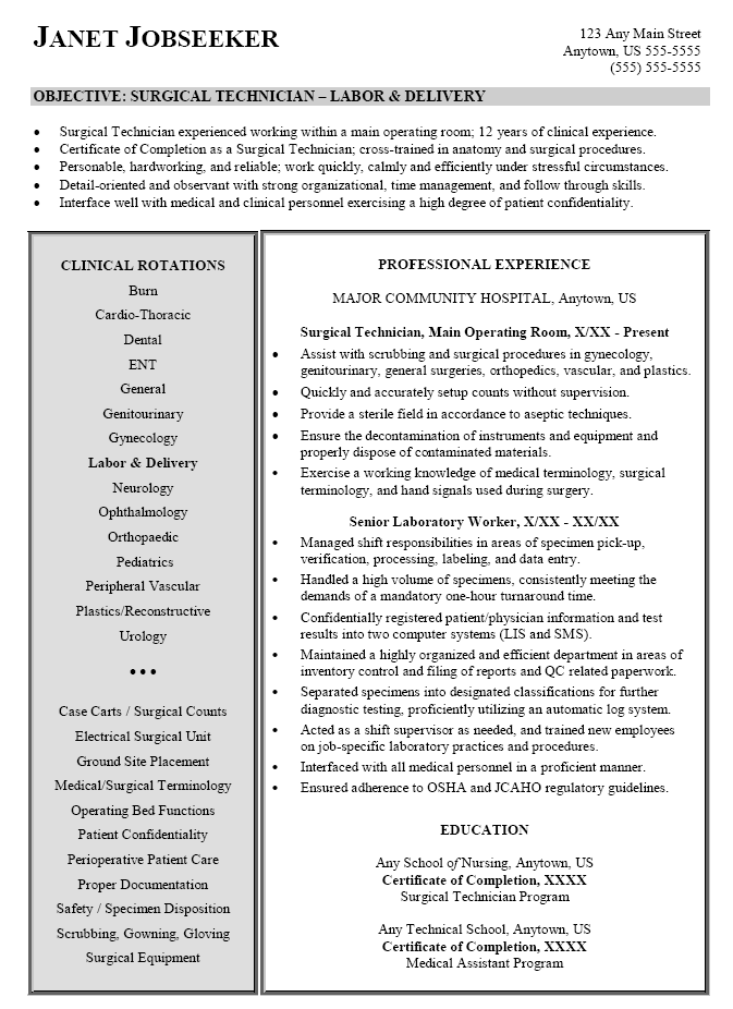 Surgical Tech Resume Objective Sample