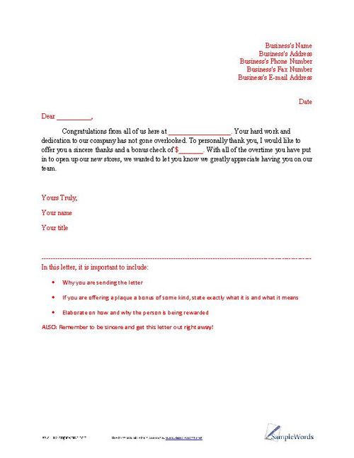 Employee Recognition Bonus Letter Sample