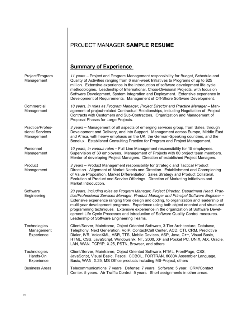 Program Manager Cv Summary