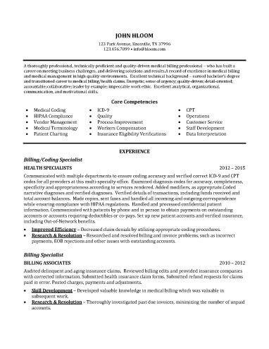 Medical Billing Specialist Resume Summary