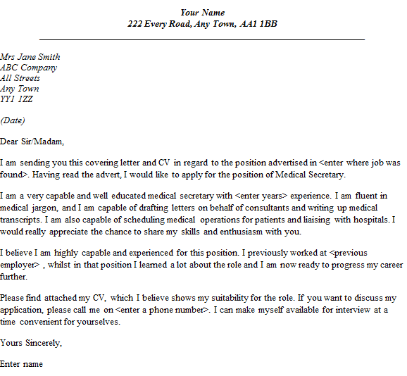 Sample Cover Letter For Medical Secretary Position