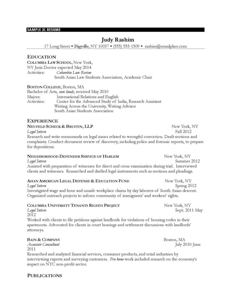 Sample Cv For Internship For Law Students