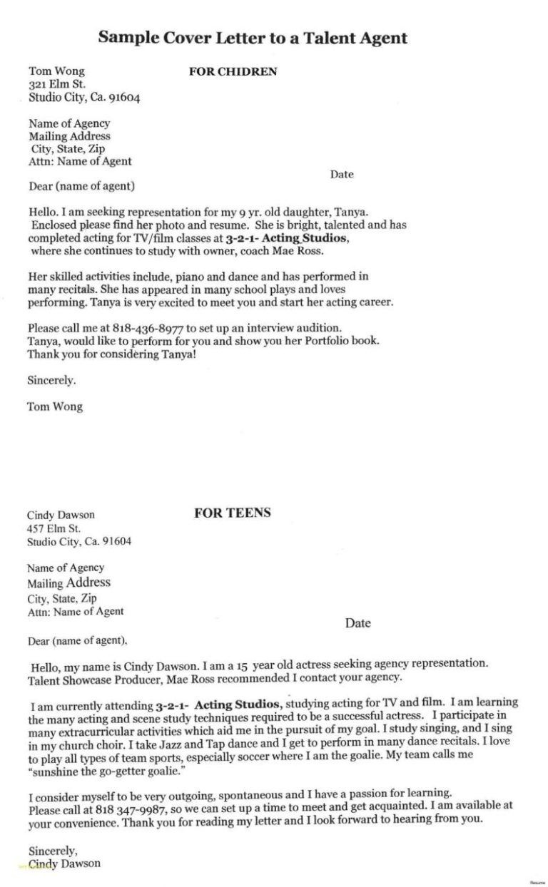 Actors Cover Letter Sample To Agents