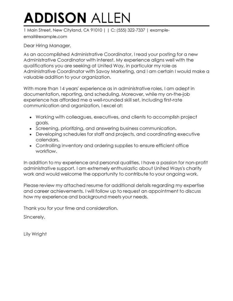 Sample Cover Letter For Contract Administrator Position