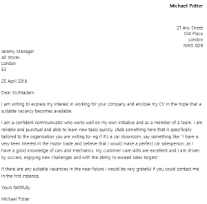Speculative cover letter example for unadvertised job