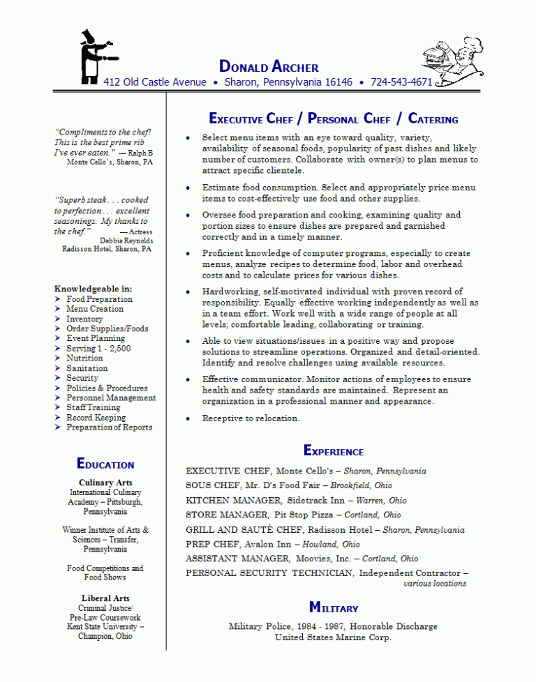 Executive Chef Cover Letter Sample