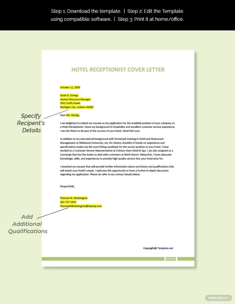 Hotel Receptionist Application Letter Sample