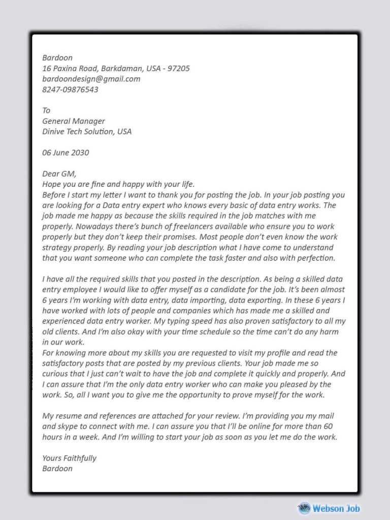 Data Entry Job Cover Letter No Experience
