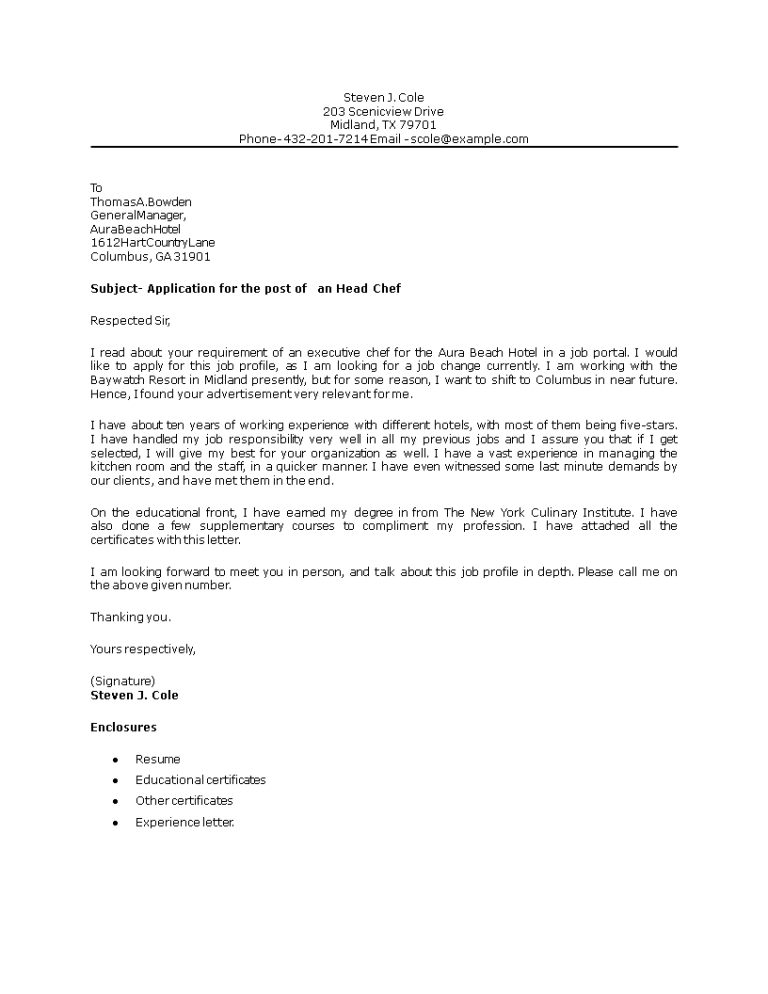 Head Chef Cover Letter Sample