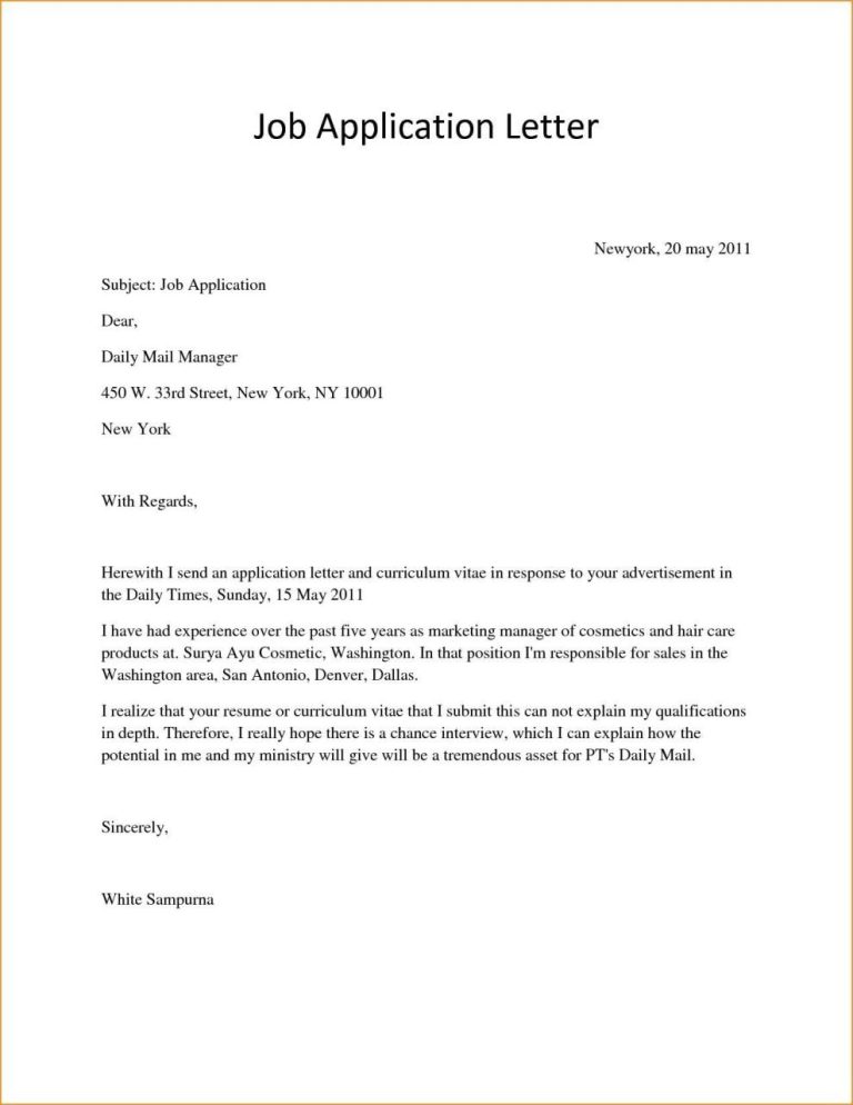 Job Application Letter For Cook Position