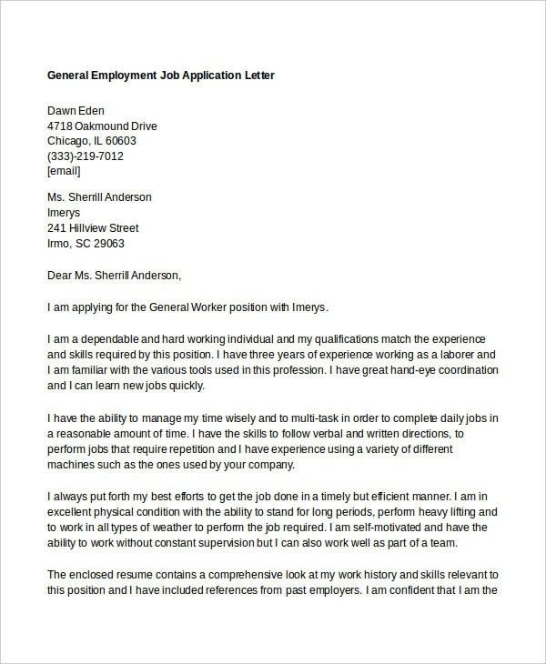 Application Letter For Employment As A General Worker