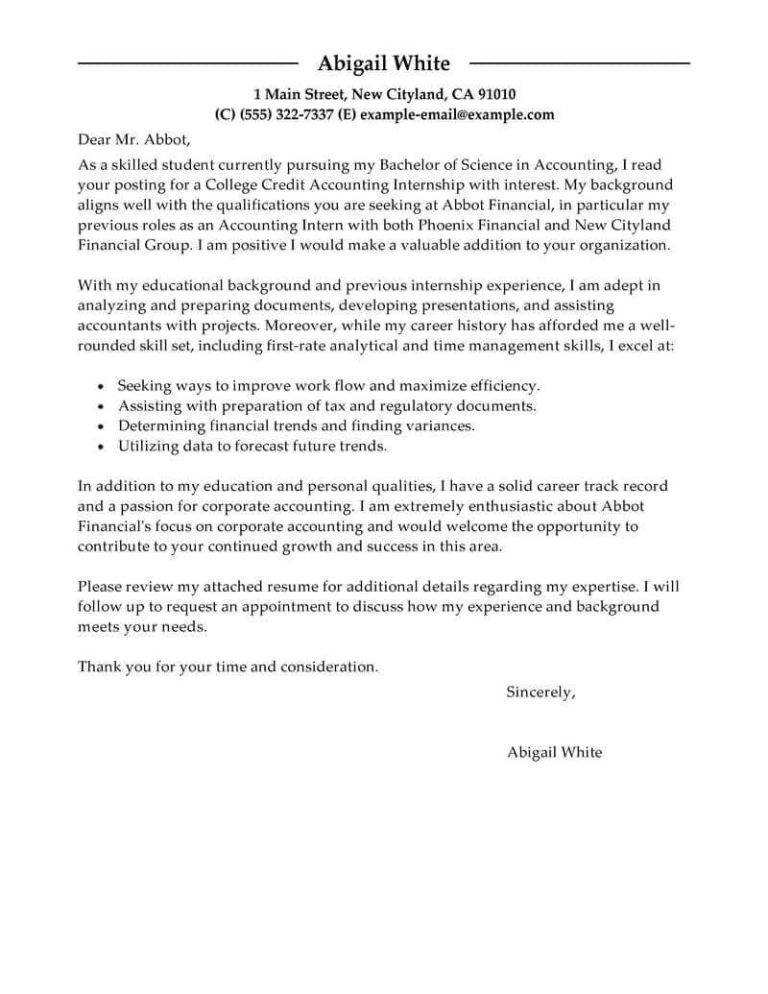 Accounting Internship Cover Letter Example