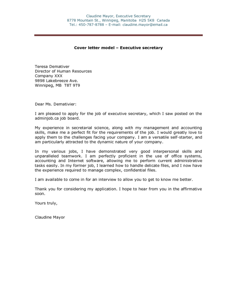 Administrative Secretary Cover Letter Sample