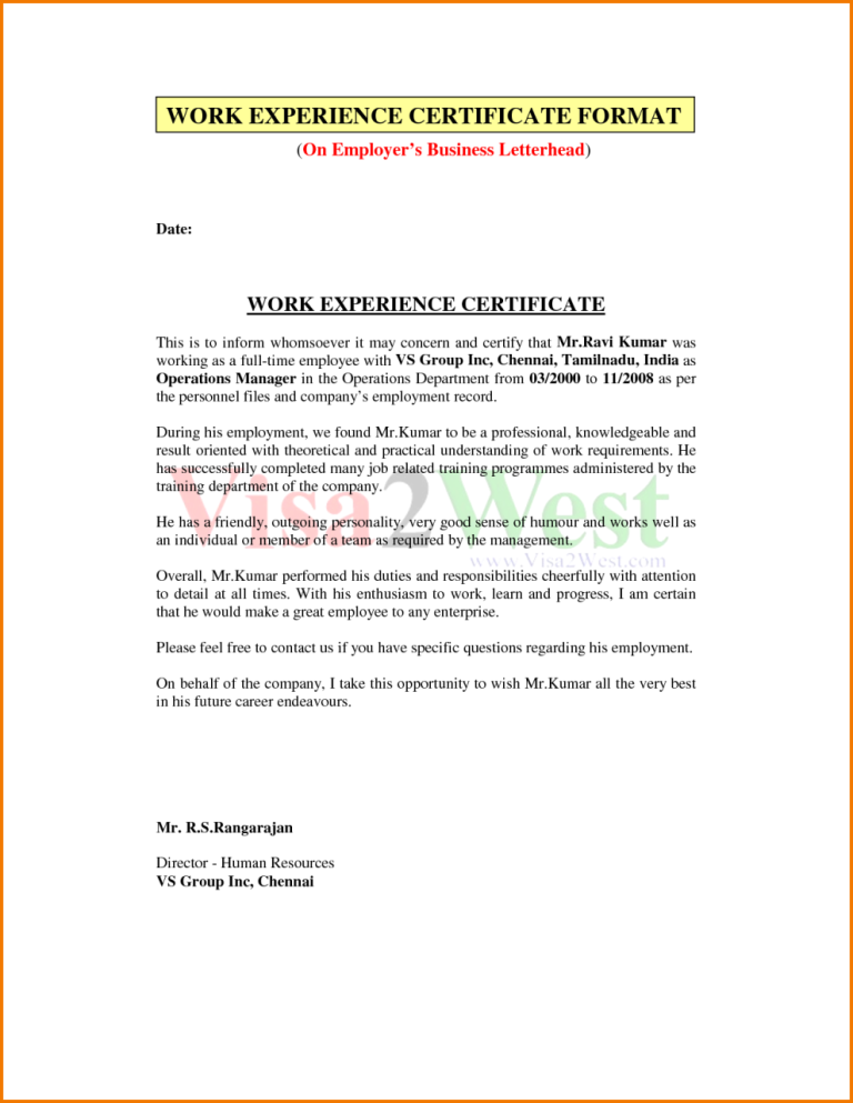 Application Letter For Experience Certificate To Hr