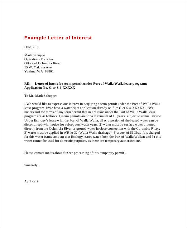 A Letter Of Interest Template