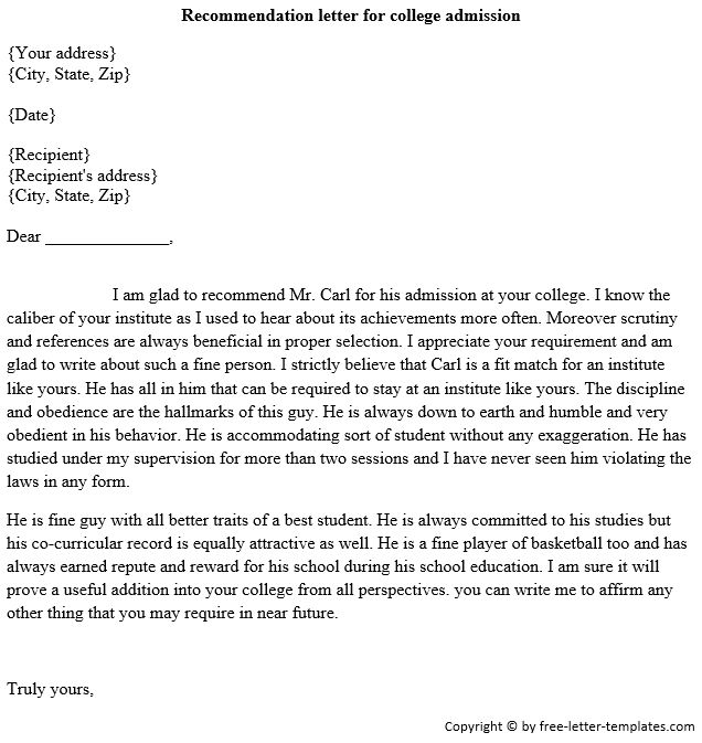 Admission College Recommendation Letter Sample For Student