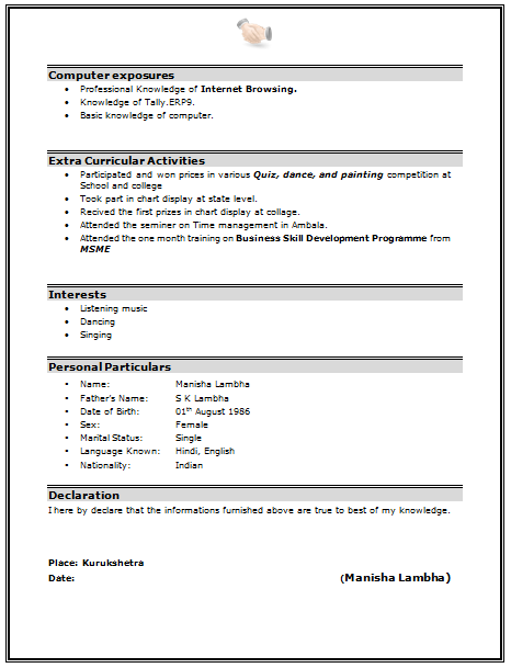 Mba Resume Format For Freshers Doc