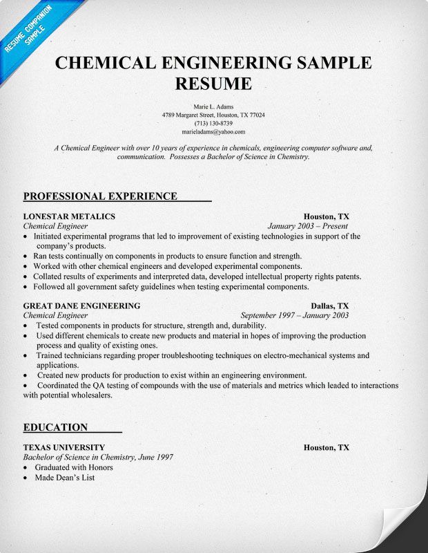 Chemical Engineer Cv Example