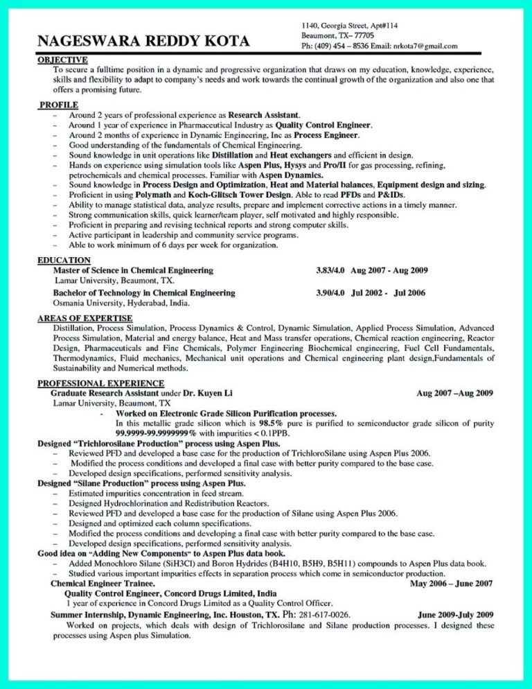 Chemical Engineering Resume Objective Examples
