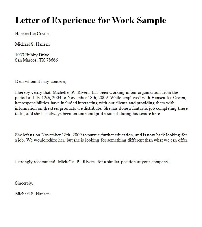 Letter For Work Experience From Employer