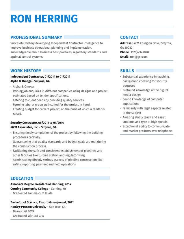 Independent Contractor Resume Example