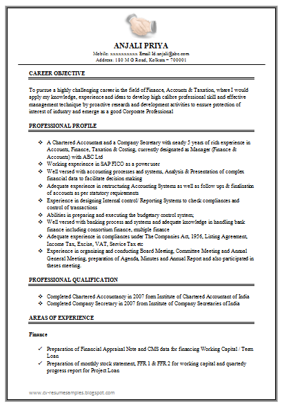Work Experience Resume Format India