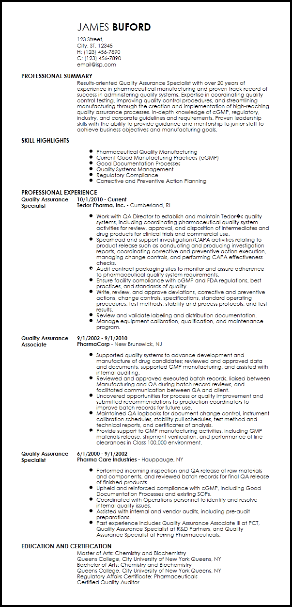 Quality Control Manager Resume Summary