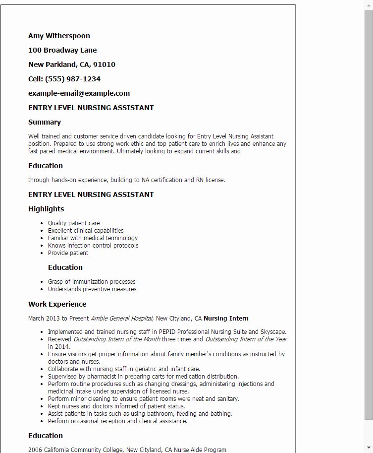 Entry Level Cna Resume Examples